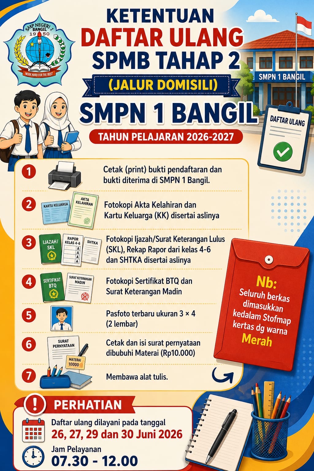 📢 PENGUMUMAN DAFTAR ULANG SPMB TAHAP 2 (JALUR DOMISILI) SMP NEGERI 1 BANGIL TAHUN PELAJARAN 2026/2027