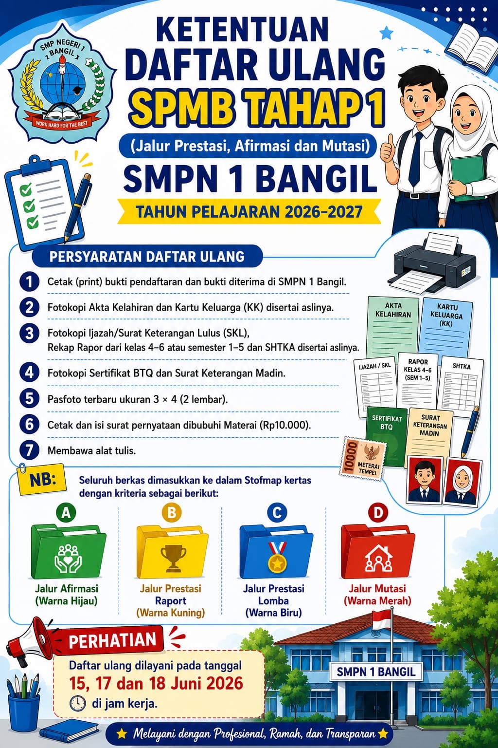 📢 PENGUMUMAN DAFTAR ULANG SPMB TAHAP 1 SMP NEGERI 1 BANGIL (Jalur Prestasi, Afirmasi, dan Mutasi) Tahun Pelajaran 2026/2027